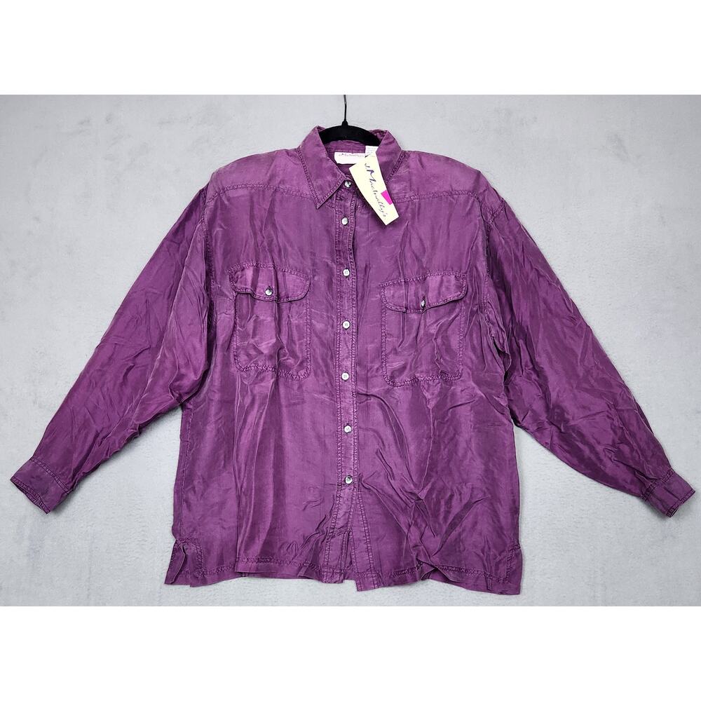 J MACINALLYS Top Womens Medium Purple 100% Silk Blouse Collared Pockets Career